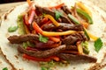 Beef Steak Fajitas with tortilla mix pepper, onion and avocado on wooden board Royalty Free Stock Photo