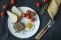 Beef steak with fried egg in spices served on a white plate. American dish. Dark wooden background. Side view. Close-up Royalty Free Stock Photo