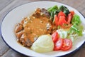 beef steak in gravy sauce or barbecued beef or grilled beef and mashpotato ,vegetable salad Royalty Free Stock Photo