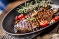 Beef steak. Grill beef flank steak with rosemary musrooms and to Royalty Free Stock Photo