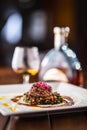 Beef Steak. Grill beef steak black lentils mixed with vegetable. Royalty Free Stock Photo