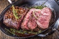 Beef steak. Juicy medium Rib Eye steak slices in pan on wooden board with fork and knife herbs spices and salt