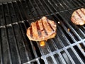 Steak meat grilling on barbecue grill bars