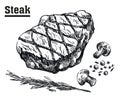 Beef steak. Meat and spices. Sketches drawn by hand.