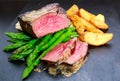 Beef steak Mignon cooked with Asparagus, potatoes, garlic and tomatoes. Royalty Free Stock Photo