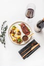 Beef steak with mushrooms and potatoes with demi-glace sauce Royalty Free Stock Photo