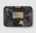 Beef steak packaging. Plastic tray container with cellophane cover. Mockup template for your meat design. Plastic food