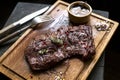 Beef steak. Piece of Grilled BBQ beef marinated in spices - Stock Image Royalty Free Stock Photo