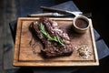 Beef steak. Piece of Grilled BBQ beef in spices Royalty Free Stock Photo