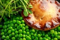 Beef steak pies with rich onion gravy served with sweet peas and salad Royalty Free Stock Photo