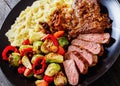 Beef steak with potato mash and roasted vegetables Royalty Free Stock Photo