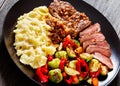 Beef steak with potato mash and roasted vegetables Royalty Free Stock Photo
