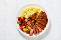 Beef steak with potato mash and roasted vegetables Royalty Free Stock Photo