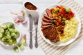 Beef steak with potato mash and roasted vegetables Royalty Free Stock Photo