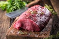 Beef Steak. Raw beef steak. Big Rib Eye steak on wooden board with herb salt and pepper Royalty Free Stock Photo