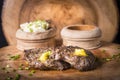 Beef steak served with mashed potato and gravy with melting butter Royalty Free Stock Photo