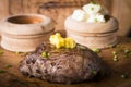 Beef steak served with mashed potato and gravy with melting butter Royalty Free Stock Photo
