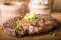 Beef steak served with mashed potato and gravy with melting butter Royalty Free Stock Photo