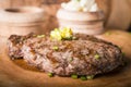 Beef steak served with mashed potato and gravy with melting butter Royalty Free Stock Photo