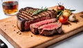 Beef steak served in wooden cuttting board on white blurry background. Grilled steak, medium rare