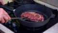 Beef steak with a sprig of rosemary in a pan. Royalty Free Stock Photo