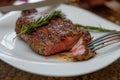 Beef steak with a sprig of rosemary in a pan. Royalty Free Stock Photo