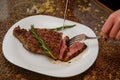 Beef steak with a sprig of rosemary in a pan. Royalty Free Stock Photo