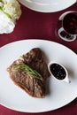 Beef steak top view with sauce and red wine Royalty Free Stock Photo