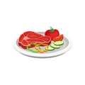 Beef steak with vegetables on a plate, grilled meat vector Illustration on a white background