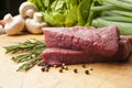 Beef steak on a wooden board, close up