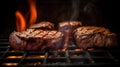 Beef steaks on the grill with flames, professional pastel color room grading, AI Generative