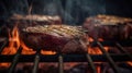Beef steaks on the grill with flames, professional pastel color room grading, AI Generative