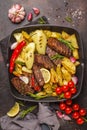 Beef steaks grilled with baked potatoes and vegetables in a pan Royalty Free Stock Photo