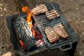 Beef steaks grilling on a cast iron plate on a camp fire Royalty Free Stock Photo
