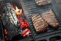 Beef steaks grilling on a cast iron plate on a camp fire. Campfire cooking. Royalty Free Stock Photo
