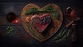 Beef Steak Heart Shape And Spices On Wooden Background - Generative AI