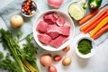 beef stew ingredients laid out, pre-cooking, colorful veggies