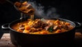 Beef stew simmers in rustic cast iron generated by AI