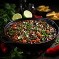 Beef stew with vegetables and herbs in a cast-iron frying pan