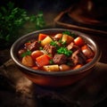 Beef stew with vegetables and herbs in a clay bowl - selective focus Royalty Free Stock Photo