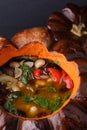 Beef stew with vegetables in pumpkin. Close up