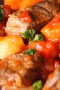 Beef stew with vegetables in a tomato macro. Vertical Royalty Free Stock Photo