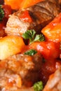 Beef stew with vegetables in a tomato macro. Vertical