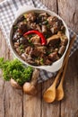 Beef stew with wild mushrooms, onion and chili pepper close up i Royalty Free Stock Photo