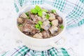 Beef stroganoff chicken liver and mushrooms on white background