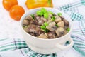 Beef stroganoff chicken liver and mushrooms on white background