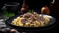 Beef Stroganoff: Professional Food, Pasta, Mushrooms, Black Plate, Angelina Brown Gravy, Cookbook Features, Twin