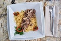 Beef stroganoff with spaghettini in bowl Royalty Free Stock Photo