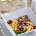 Beef stroganoff with spaghettini in bowl Royalty Free Stock Photo