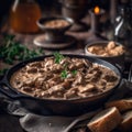 Beef Stroganoff On Stone In Rustic Pub. Generative AI Royalty Free Stock Photo